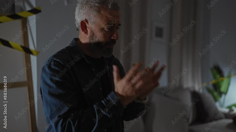 A distressed man in handcuffs within a dimly lit domestic setting, hinting at a crime scene investigation. A distressed man in handcuffs within a dimly lit domestic setting, hinting at a crime scene investigation.