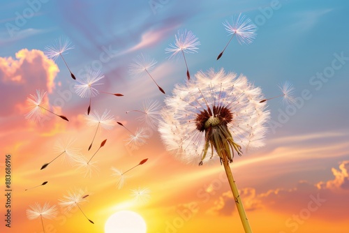 Dandelion Seeds Blowing in the Wind at Sunset with Vibrant Sky and Clouds in the Background