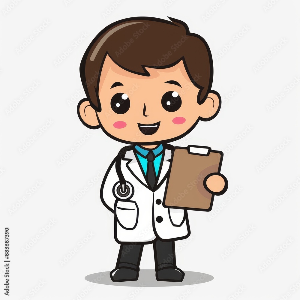A cartoon doctor holding a clipboard with a smile on his face