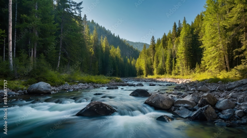 Crystal clear stream flowing through a dense forest, creating a serene and peaceful atmosphere Crystal clear stream flowing through a dense forest, creating a serene and peaceful atmosphere