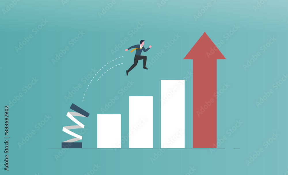 Confident businessman jumping from springboard to back to the top of growing bar graph, stock market rise, highest point, economic prosperity, business profit growth Confident businessman jumping from springboard to back to the top of growing bar graph, stock market rise, highest point, economic prosperity, business profit growth