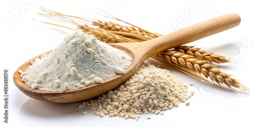 Wheat Flour in Wooden Spoon with Wheat Ears, wheat flour, baking ingredient, food photography, grain, photo