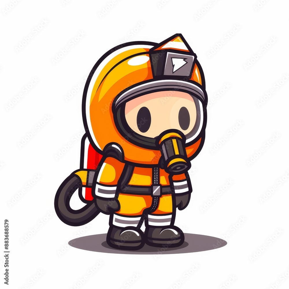 A cartoon character in a yellow fireman suit with a gas mask on A cartoon character in a yellow fireman suit with a gas mask on