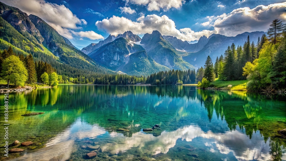 Pristine lake surrounded by mountains, a secret retreat offering peace and tranquility, nature, water, mountains, secluded Pristine lake surrounded by mountains, a secret retreat offering peace and tranquility, nature, water, mountains, secluded