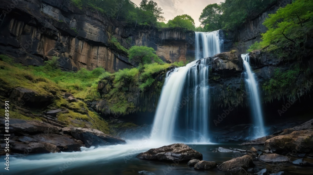 Fototapeta premium Majestic waterfall cascading down a rocky cliff, creating a powerful and serene scene