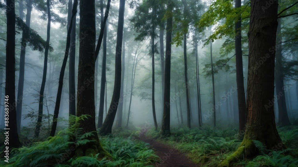 Fototapeta premium Misty morning in a mystical forest, enchanting and serene, evoking peace and tranquility