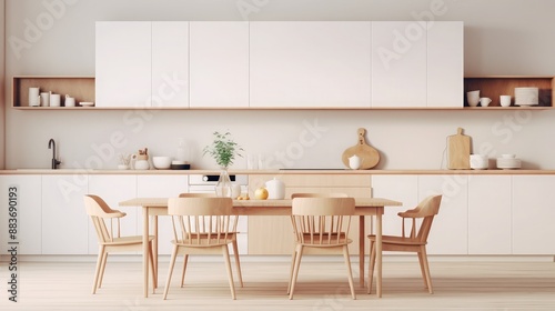 Modern kitchen interior in Scandinavian style, minimalist and contemporary design. Smartphone on wooden table, white chairs, furniture, stove, kettle and dishes on light wall background, ad, offer © Faheem