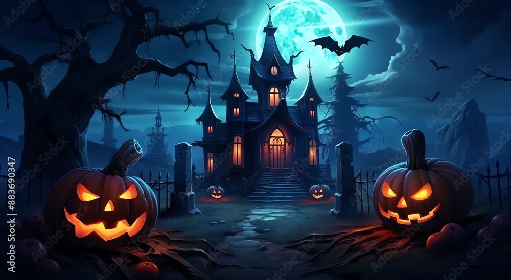 Halloween Night Background with Pumpkins and Haunted House Halloween Night Background with Pumpkins and Haunted House