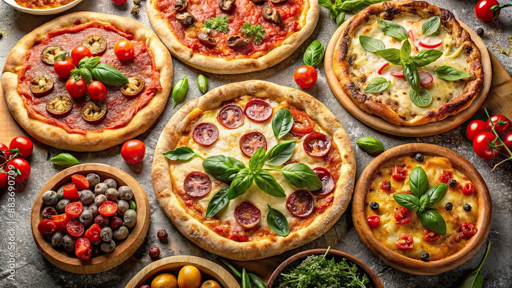 Variety of delicious pizzas with different toppings and crusts , pizza, dough, pepperoni, margherita, deep dish, thin crust Variety of delicious pizzas with different toppings and crusts , pizza, dough, pepperoni, margherita, deep dish, thin crust