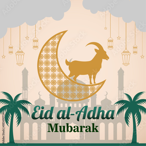 Flat eid al-adha illustration with ram and lanterns