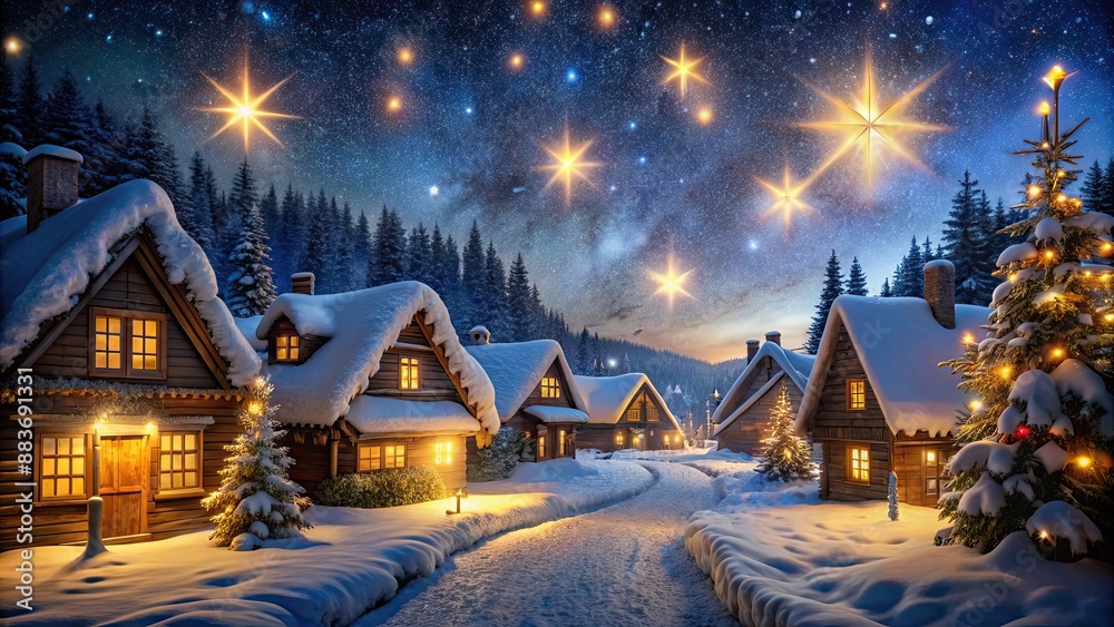 Fototapeta premium Cozy Christmas night in a village with snow-covered cottages, twinkling lights, and a starry sky , winter, holiday, village, Christmas