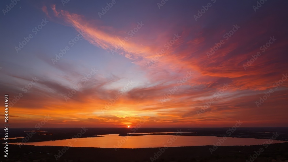 Fototapeta premium Sky glowing orange and pink during a spectacular sunset over trees and landscape, truly breathtaking