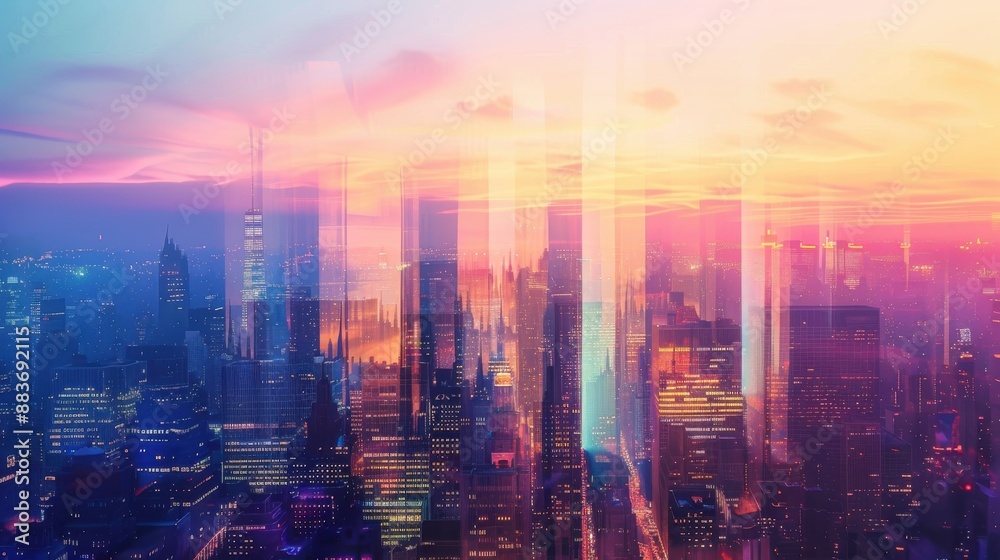 Fototapeta premium City skyline at sunset close up, focus on, copy space Vibrant colors, Double exposure silhouette with urban elements