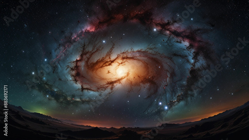 Space background with nebula and stars in a 360-degree equirectangular projection, featuring an environment map. HDRI spherical panorama