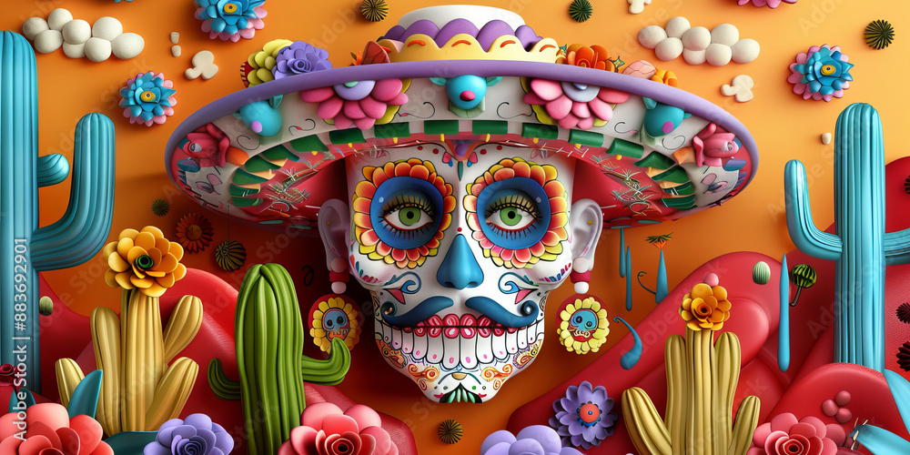 Festive Day of the Dead Skull with Flowers and Cacti
