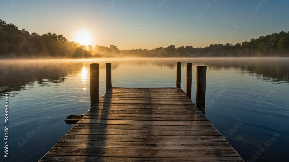 Fototapeta premium A wooden dock leads out to a misty lake at sunrise, creating a serene and tranquil atmosphere