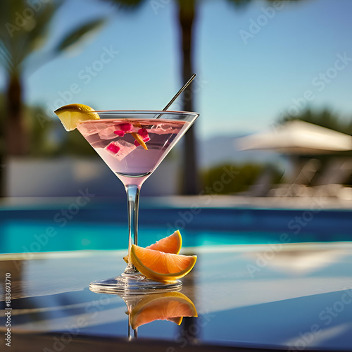 Martini cocktail, garnished with lemon in a special, cocktail, martini glass, with straw, placed on a poolside table with a pool in the background