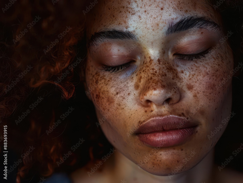 intimate portrait of mixedrace woman eyes closed freckles prominent soft lighting enhancing natural beauty celebrating diversity and unique features intimate portrait of mixedrace woman eyes closed freckles prominent soft lighting enhancing natural beauty celebrating diversity and unique features