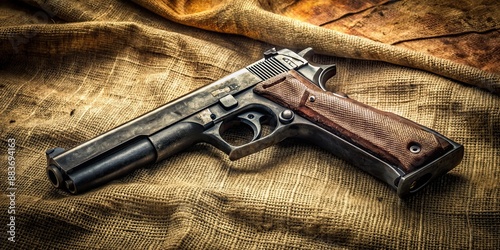 Old and dirty pistol gun resting on fabric background , vintage, firearm, weapon, antique, retro, handgun, grunge, metal, used photo