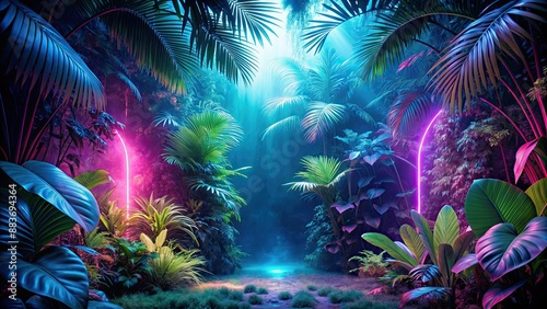 Fototapeta Naklejka Na Ścianę i Meble -  Neon-lit jungle at night, neon, jungle, night, trees, colorful, vibrant, surreal, glowing, darkness, foliage, tropical