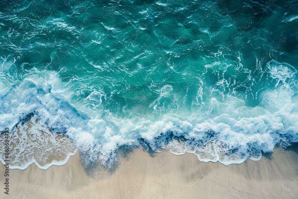 Aerial top down view of green ocean waves on the beach, beautiful natural summer vacation holidays background. Aerial top down view of green ocean waves on the beach, beautiful natural summer vacation holidays background.