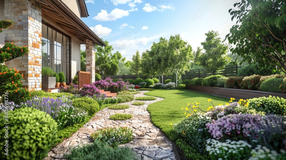 Design a detailed and realistic image of a beautifully landscaped front yard with a well-maintained garden Design a detailed and realistic image of a beautifully landscaped front yard with a well-maintained garden