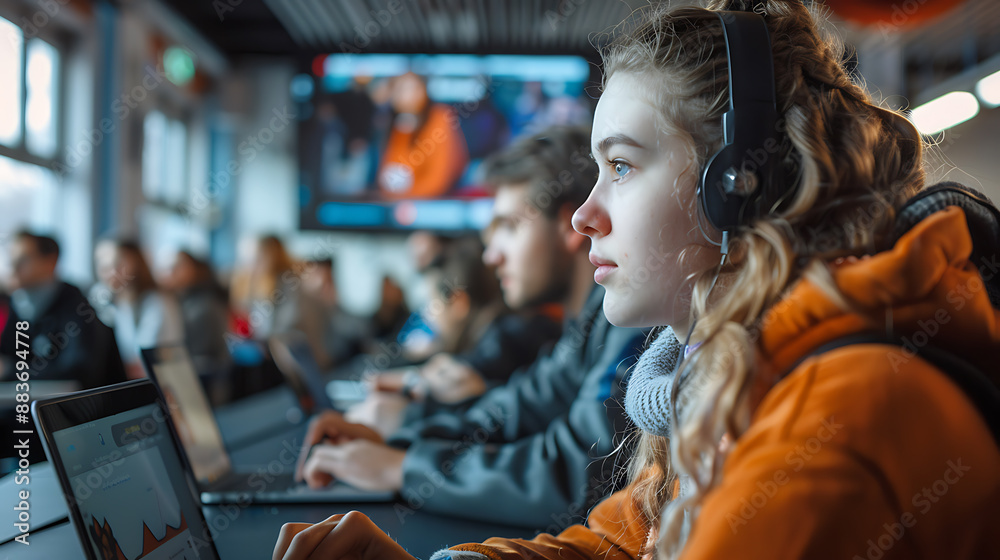 Students with headphones concentrate on laptops during a lecture, engaging in digital learning in a university classroom. Students with headphones concentrate on laptops during a lecture, engaging in digital learning in a university classroom.