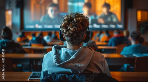 Focused students wearing headphones for virtual classes in a modern, technology-equipped learning environment.