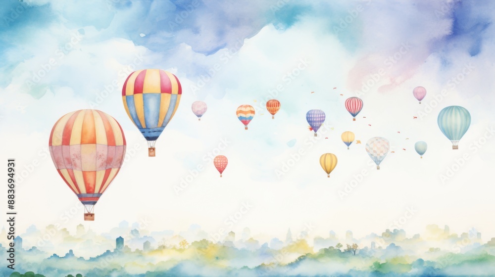 Dreamy Watercolor Hot Air Balloons Floating in Whimsical and Colorful Sky Dreamy Watercolor Hot Air Balloons Floating in Whimsical and Colorful Sky