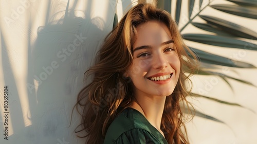 Cheerful young attractive woman in stylish dark-green top enjoys sunny weather, poses near white wall with palm leaf shadow and smiles.  photo