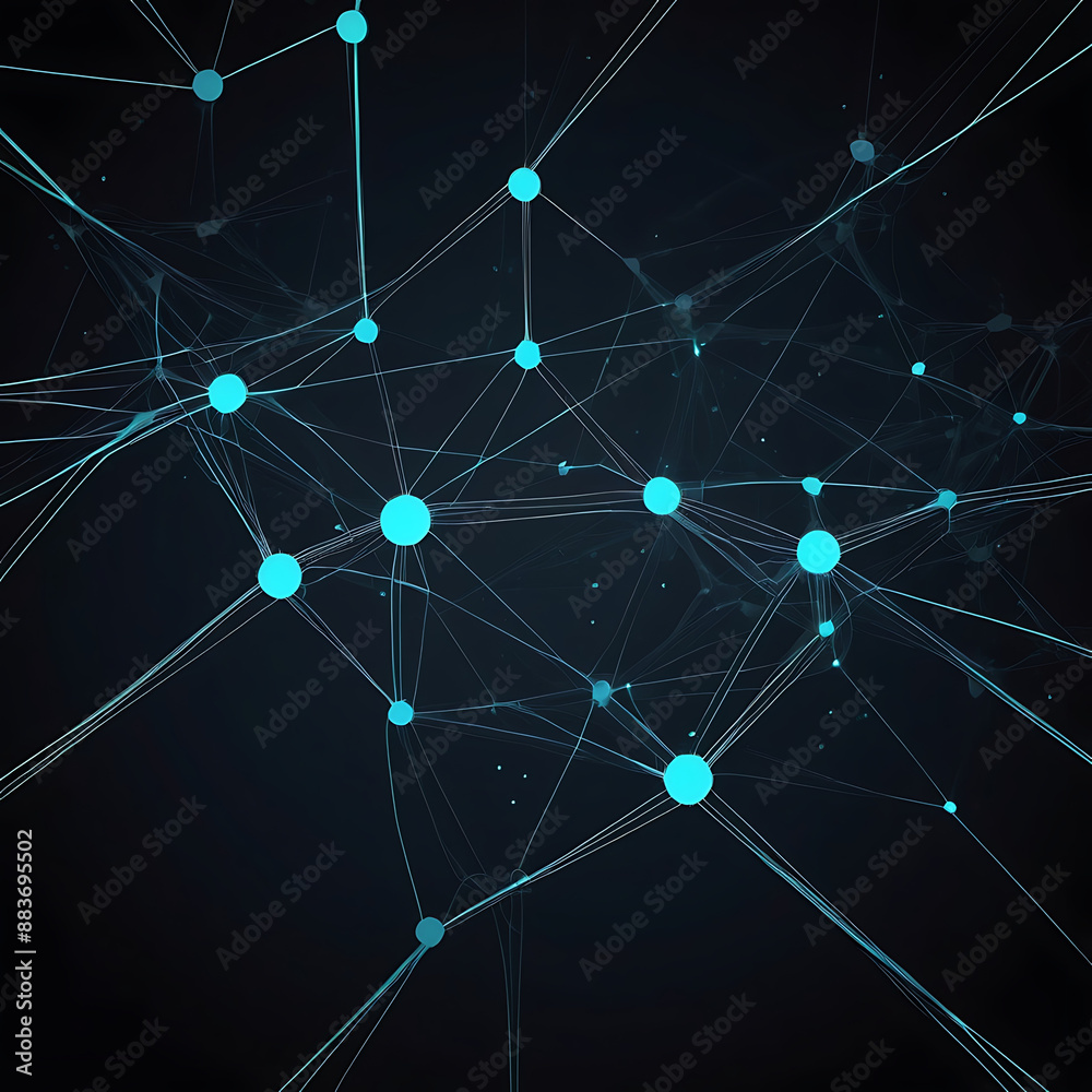 A network of glowing nodes and lines connecting across a dark abstract background, concept, with copy space A network of glowing nodes and lines connecting across a dark abstract background, concept, with copy space