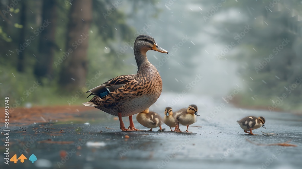 A mother duck leading her ducklings across a wet road, atmospheric foggy forest background, soft diffused lighting, shallow depth of field, wildlife photography. A mother duck leading her ducklings across a wet road, atmospheric foggy forest background, soft diffused lighting, shallow depth of field, wildlife photography.