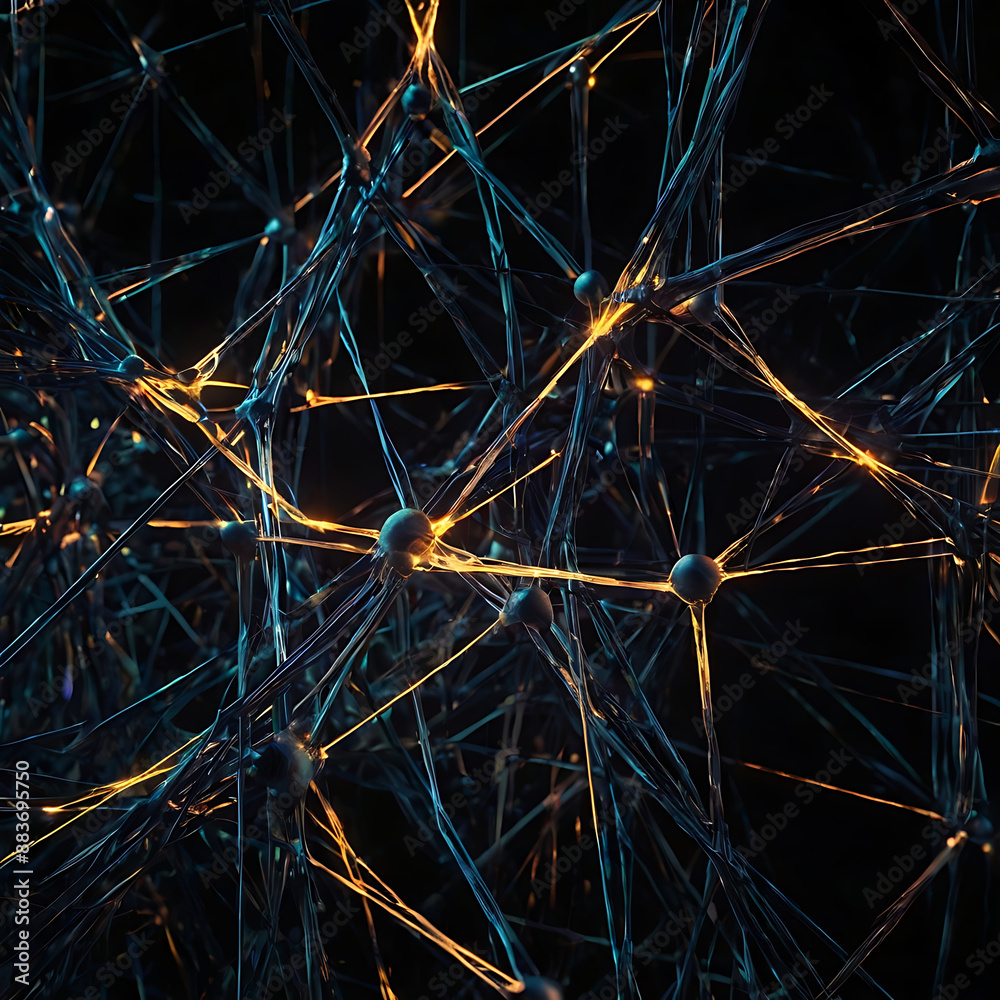 Fototapeta premium A network of glowing nodes and lines connecting across a dark abstract background, concept, with copy space 