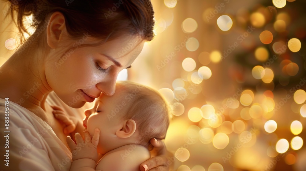 Fototapeta premium Close-up of a mother giving her baby a massage, with a loving and nurturing expression, in a warm and cozy nursery background, Portrait close-up, hyper-realistic, high detail, photorealistic, indoor