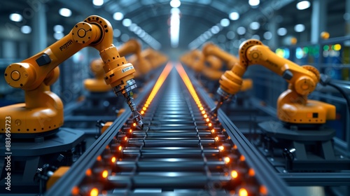 Industrial Robots on Production Line. Multiple industrial robots working on a production line, emphasizing advanced automation and efficiency in a high-tech factory. © Old Man Stocker