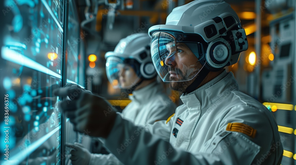 Engineers Using Digital Control Panel. Engineers in futuristic suits working with a digital control panel in a high-tech industrial setting, emphasizing advanced technology. Engineers Using Digital Control Panel. Engineers in futuristic suits working with a digital control panel in a high-tech industrial setting, emphasizing advanced technology.