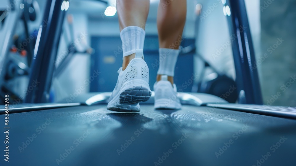Close-up of woman's feet in white sneakers running on treadmill in modern gym Close-up of woman's feet in white sneakers running on treadmill in modern gym