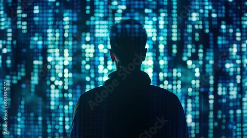 A hacker silhouette in front of a digital screen with lines of code, depicting a cyber attack.