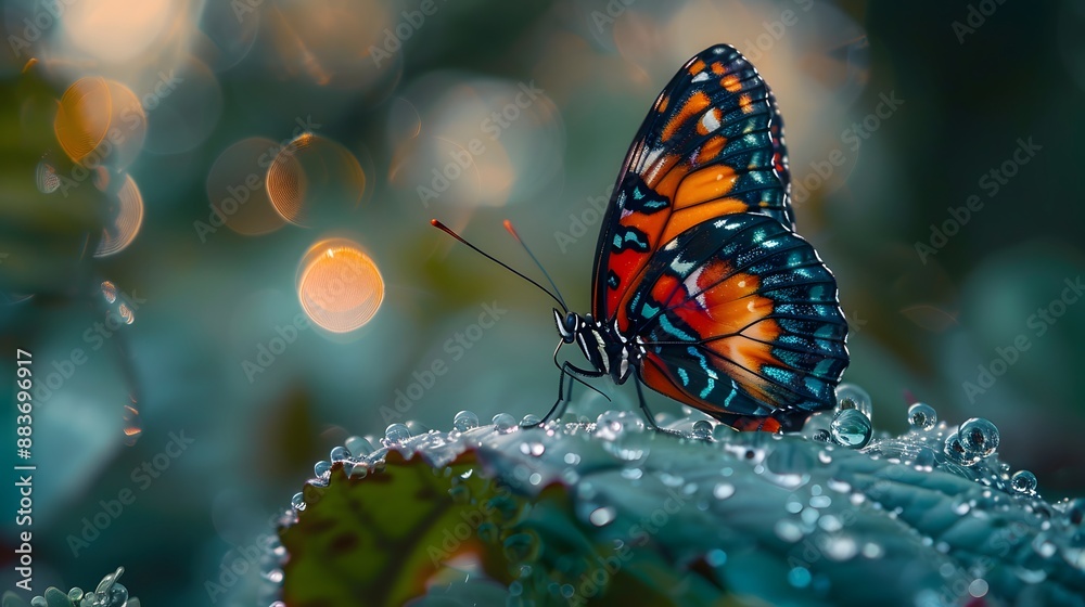 A vibrant butterfly perched on a dew-covered leaf, with a dreamy, out-of-focus forest backdrop. Soft, diffused morning light enhances the ethereal atmosphere.