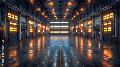 Industrial Warehouse with Bright Lighting. Industrial warehouse with bright lighting and spacious interiors, showcasing modern design and functionality in storage and logistics. © Old Man Stocker
