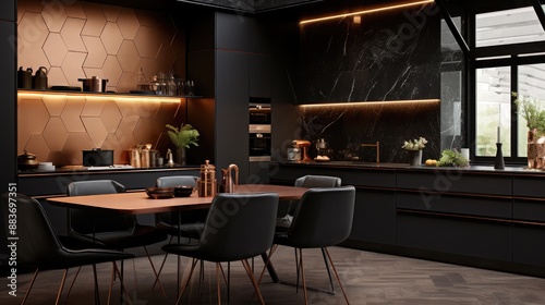 Stylish kitchen with black furniture and copper hexagon tiles with black, dining table and two copper chairs