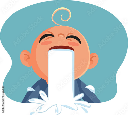 Little Baby Boy Vomiting Milk Vector Illustration. Infant suffering from gastrointestinal problems causing regurgitation of formula


