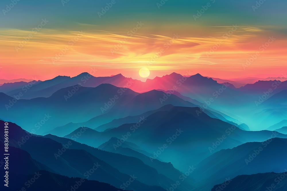 Fototapeta premium A beautiful mountain range with a bright orange sun in the sky illustration