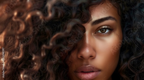 Vogue style close-up portrait of beautiful woman with long curly. 