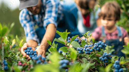 A family picking blueberries together, highly professional photo picture showcasing dynamic interaction and vibrant colors, harvesting, with copy space