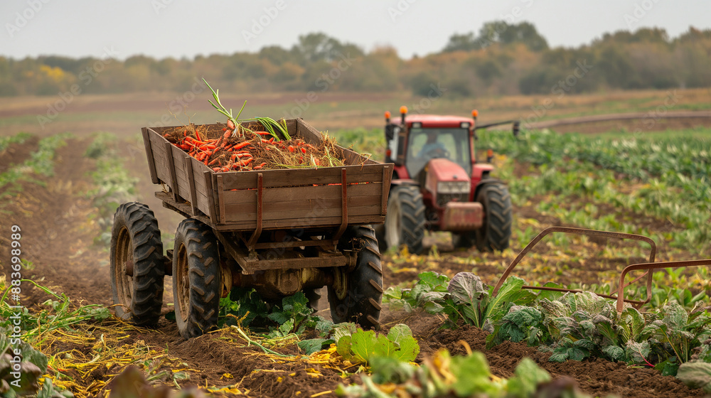 A tractor pulling a cart of harvested vegetables, highly professional photo picture capturing dynamic movement and clear focus, harvesting, with copy space A tractor pulling a cart of harvested vegetables, highly professional photo picture capturing dynamic movement and clear focus, harvesting, with copy space