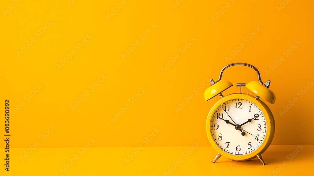 A yellow alarm clock on a yellow background.