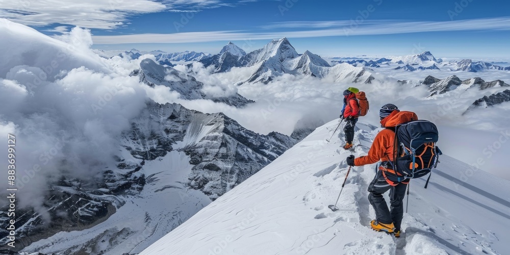 Hikers Ascending a Snowy Mountain Peak Hikers Ascending a Snowy Mountain Peak