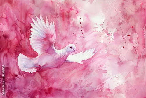 ethereal dove soaring through rosetinted sky symbolizing hope and liberation soft watercolor technique enhances dreamy atmosphere delicate brushstrokes capture feather detail photo