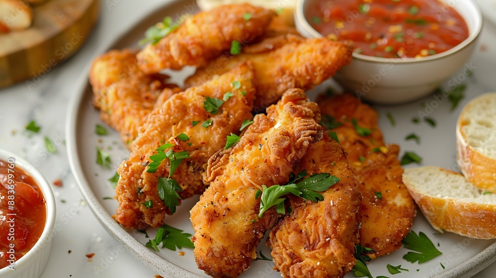 Crispy golden chicken tenders, food photography, white marble background, red tomato dipping sauce, crusty bread slices, fresh parsley garnish, overhead shot, high-resolution culinary image. Crispy golden chicken tenders, food photography, white marble background, red tomato dipping sauce, crusty bread slices, fresh parsley garnish, overhead shot, high-resolution culinary image.